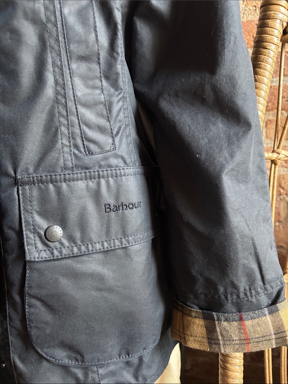 Barbour Navy Hooded Wax Jacket with Tartan Trim - Picture 3 of 6